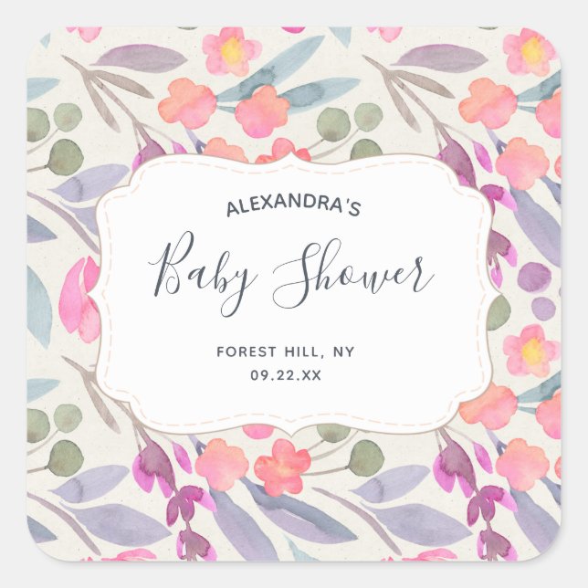 Sticker Carré Aquarelle Dreamy Floral | BABY SHOWER (Devant)