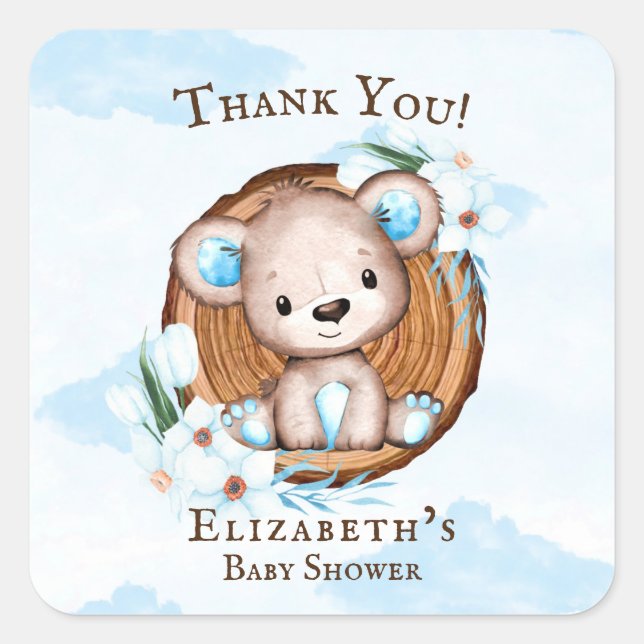 Sticker Carré Aquarelle du garçon Teddy Bear Merci Baby shower (Devant)