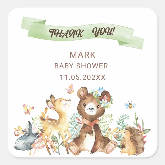 Sticker Carré Aquarelle Élégant Baby shower d'animaux de bois (Devant)