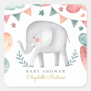 Sticker Carré Aquarelle Eléphant Baby shower mignet
