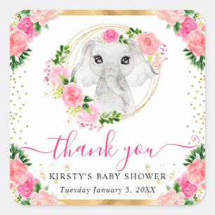 Sticker Carré Aquarelle Éléphant de la Jungle Mignon Fleur Baby 