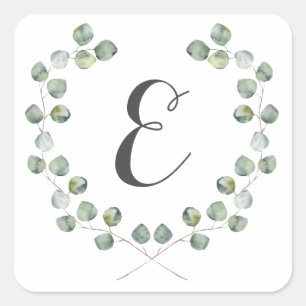 Sticker Carré Aquarelle Eucalyptus cadre feuille Monogramme