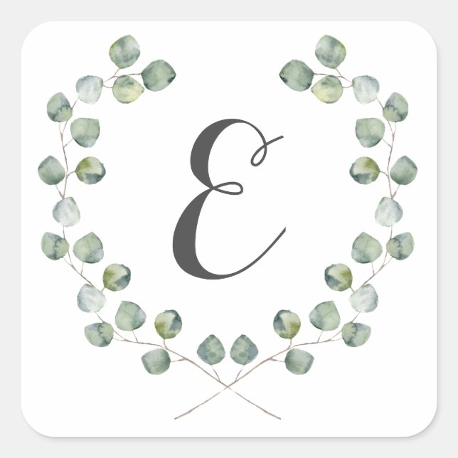 Sticker Carré Aquarelle Eucalyptus cadre feuille | Monogramme (Devant)