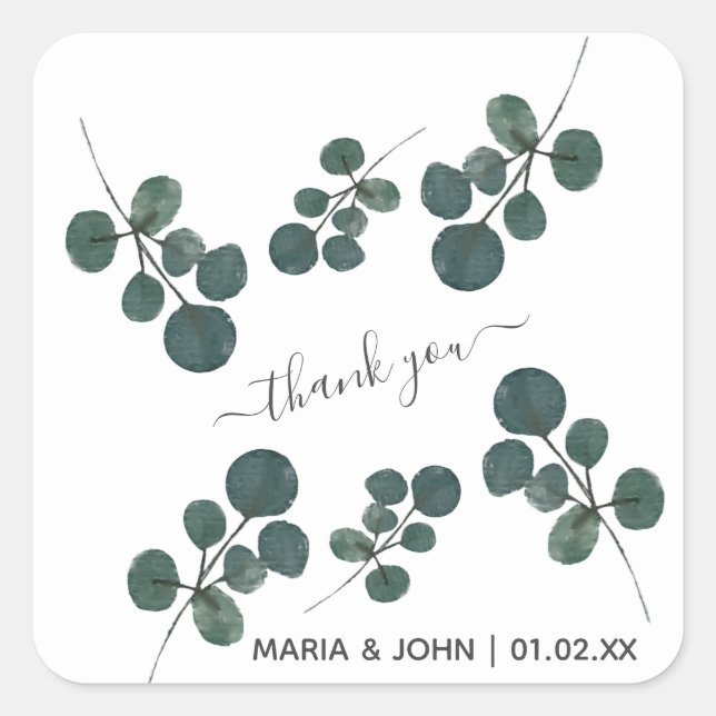 Sticker Carré Aquarelle Eucalyptus Vert Merci  (Devant)