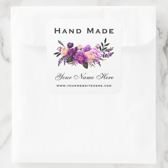 Sticker Carré Aquarelle Faite main violet violet Floral Petit (Sac)