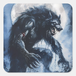 Sticker Carré Aquarelle féroce du loup-garou