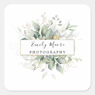 Sticker Carré Aquarelle Feuille Et Or Feuillage Vert Art