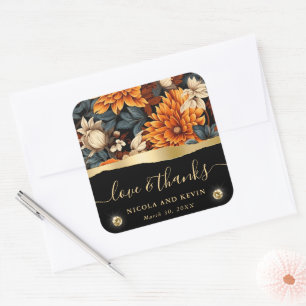 Sticker Carré Aquarelle Feuilles de Mariage Automne Orange Brun