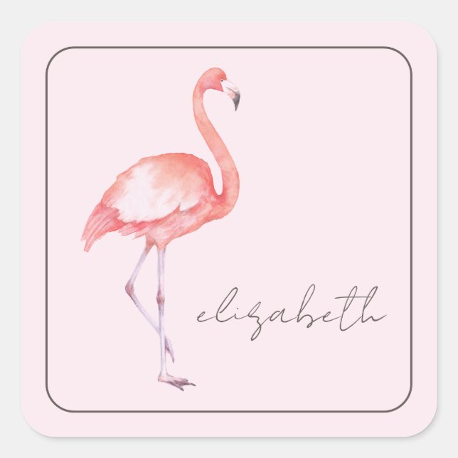 Sticker Carré Aquarelle Flamant rose rose personnalisé (Devant)