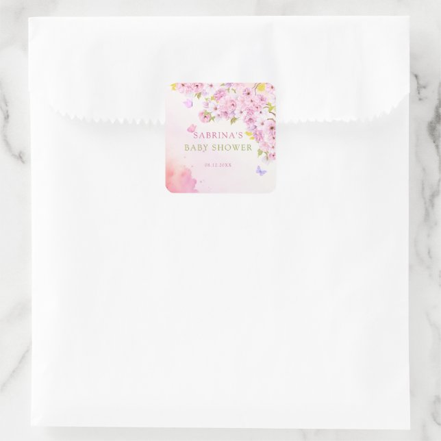 Sticker Carré Aquarelle Fleur de cerisier C'est un Baby shower d (Sac)