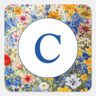 Sticker Carré Aquarelle Fleur sauvage d'été Monogramme