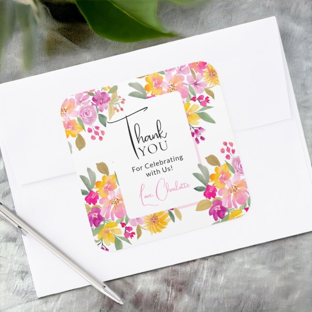 Sticker Carré Aquarelle fleurie du jardin merci douche nuptiale (Garden floral watercolor thank you bridal shower square sticker)