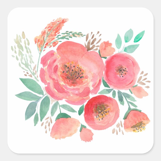 Sticker Carré Aquarelle, fleurs. (Devant)