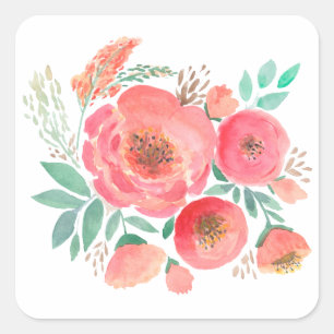 Sticker Carré Aquarelle, fleurs.