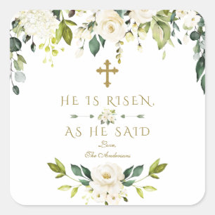 Sticker Carré Aquarelle Fleurs Blanches Il Est Ressuscité Or Pâq