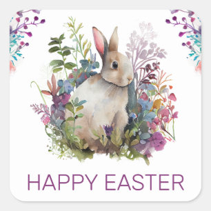 Sticker Carré Aquarelle Fleurs de printemps et lapin Joyeux Pâqu