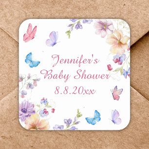 Sticker Carré aquarelle fleurs été fille baby shower rose