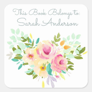 Sticker Carré Aquarelle Fleurs Réserver Plaque Ce Livre Appartie