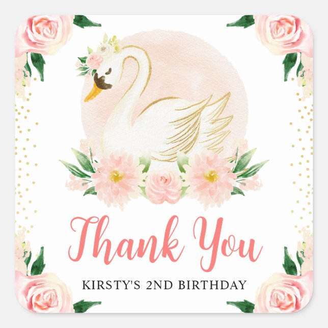 Sticker Carré Aquarelle Fleurs roses et Swan Anniversaire (Devant)