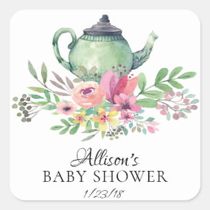 Sticker Carré Aquarelle Floral Baby Tea Party Enveloppe Sceau