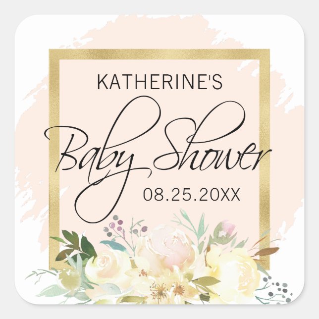 Sticker Carré Aquarelle Floral Blush Baby shower or rose (Devant)