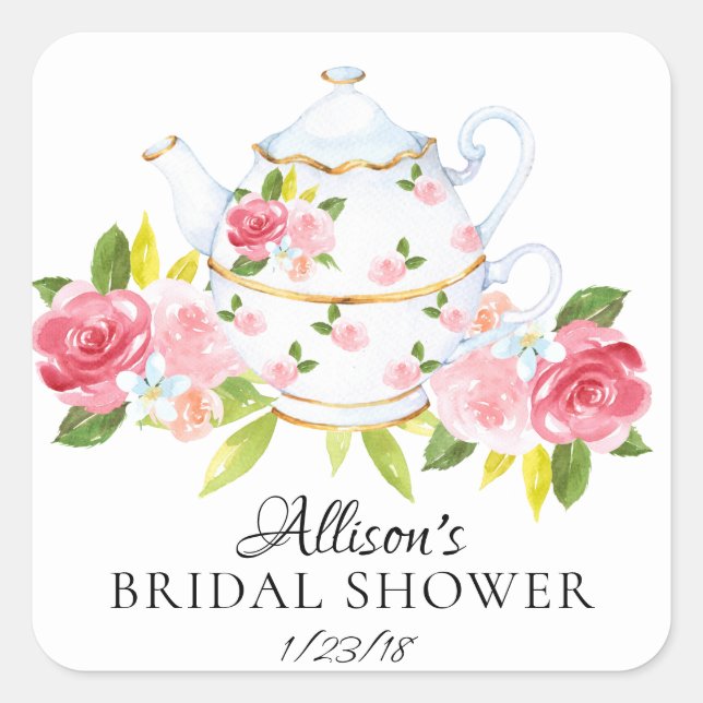 Sticker Carré Aquarelle Floral BRIDAL Tea Party Enveloppe Sceau (Devant)