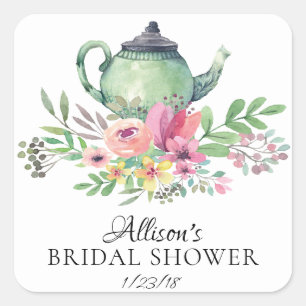 Sticker Carré Aquarelle Floral BRIDAL Tea Party Enveloppe Sceau