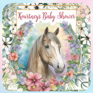 Sticker Carré Aquarelle Floral Horse Baby shower