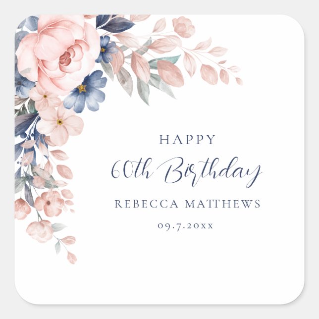 Sticker Carré Aquarelle Floral Moderne Script 60e Anniversaire (Devant)
