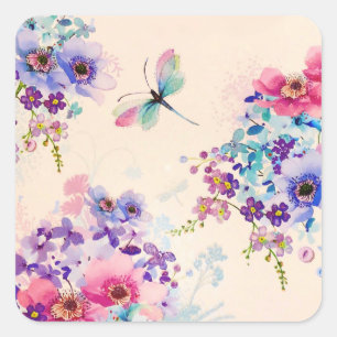 Sticker Carré Aquarelle Floral Papillon Parties scintillant de j
