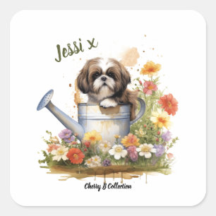 Sticker Carré Aquarelle Floral Shih Tzu, peut être personnalisé
