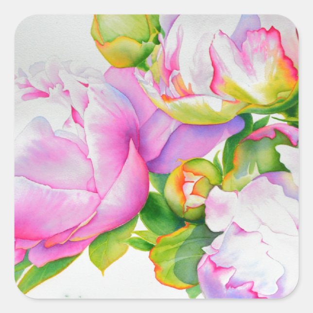 Sticker Carré Aquarelle florale classique et élégante de pivoine (Devant)