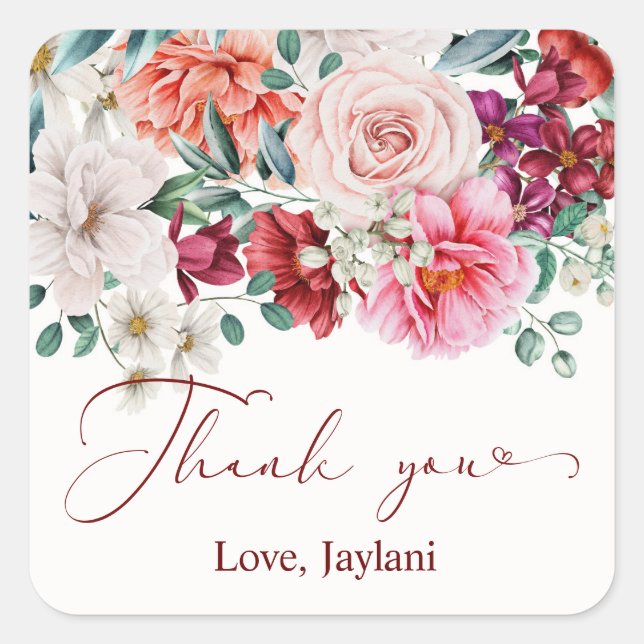 Sticker Carré Aquarelle florale floue Boho Peony Merci (Devant)
