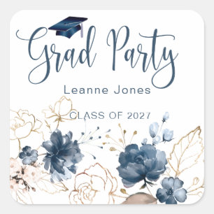 Sticker Carré Aquarelle florale marine bleu & or Graduation