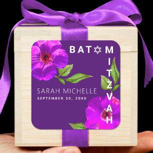 Sticker Carré Aquarelle Florale moderne violet Bat mitzvah gras