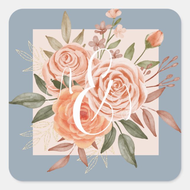 Sticker Carré Aquarelle Florale Pêche Roses Dusty Blue Mariage (Devant)
