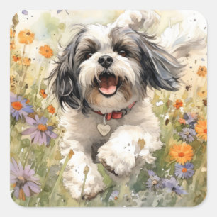 Sticker Carré Aquarelle florale Shih Tzu courant à travers la fl