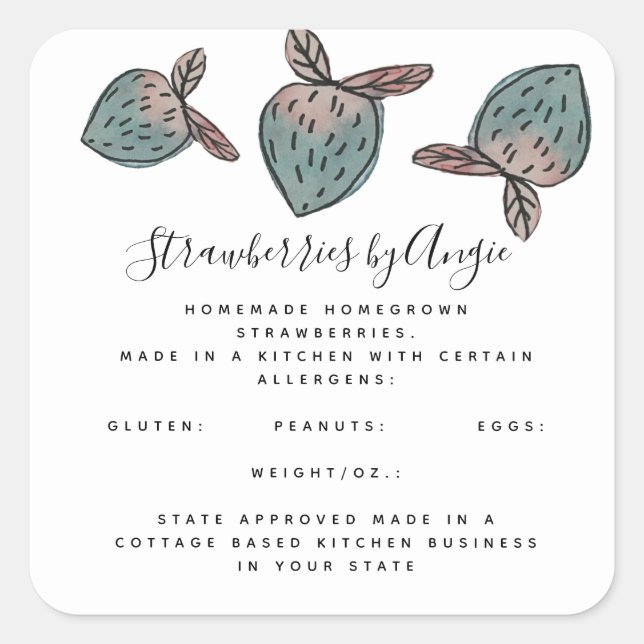 Sticker Carré Aquarelle Fraise Doodle rose Bleu Entreprise (Devant)