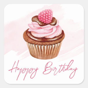 Sticker Carré Aquarelle framboise et chocolat Cupcake Anniversai