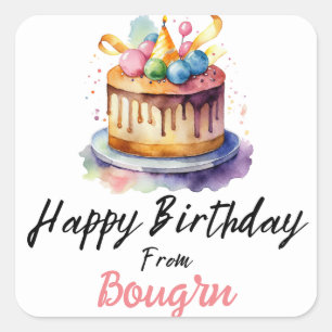 Sticker Carré aquarelle gâteau d'anniversaire