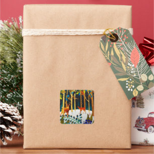 Sticker Carré Aquarelle Gold Cosy Winter Deer Forest
