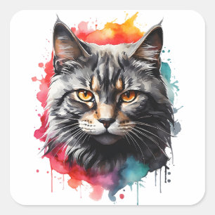 Sticker Carré Aquarelle Gris Tabby Chat Splatt Art Portrait