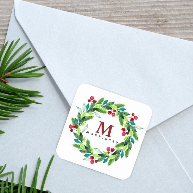 Sticker Carré Aquarelle Hallie et Berries Wreath Monogramme (Watercolor Berries and Hollies Wreath Monogram Square Sticker)
