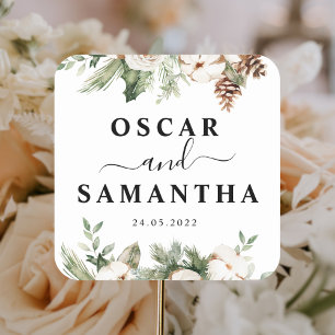 Sticker Carré Aquarelle Hiver Pin vert Arbre et Fleurs blanches