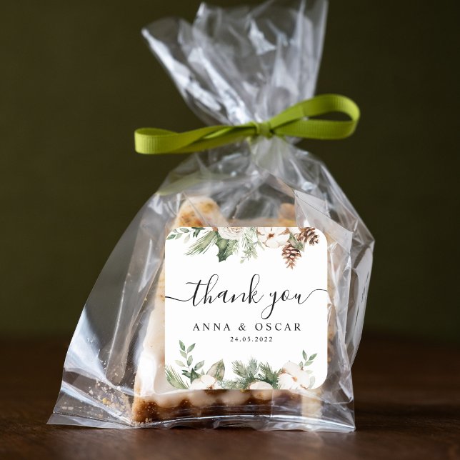 Sticker Carré Aquarelle Hiver Pin vert Arbre et Fleurs blanches (Créateur téléchargé)