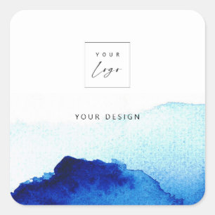 Sticker Carré Aquarelle Indigo Blue Custom Logo & Text Product