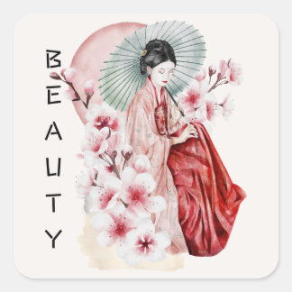 Sticker Carré Aquarelle japonaise de Geisha avec Kimono et Sakur