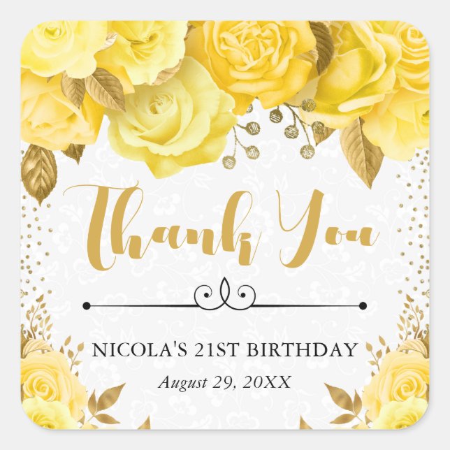 Sticker Carré Aquarelle Jaune Glam Roses Anniversaire (Devant)
