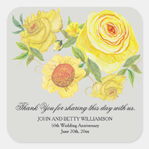 Sticker Carré Aquarelle jaune Roses 50e anniversaire