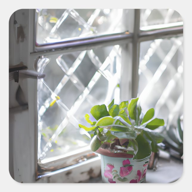 Sticker Carré Aquarelle Joli Plante dans la fenêtre (Devant)